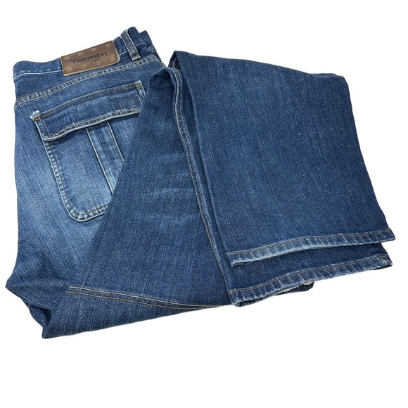 TRIUMPH MOTORCYCLE Jeans Blue Gusseted Double Knee Denim Flap Pockets 36X34 - Picture 15 of 16